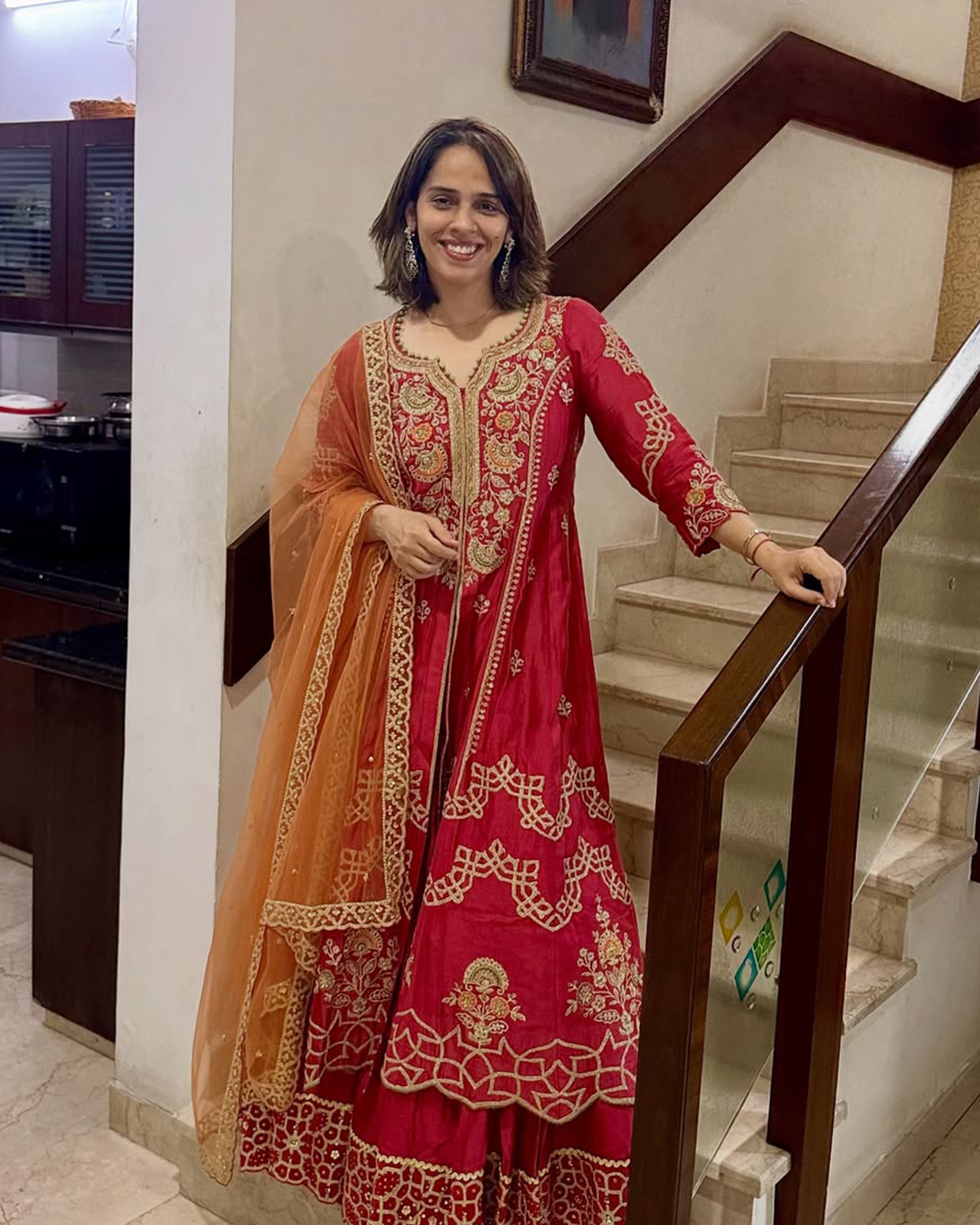 Saina Nehwal In Umber Chanderi Silk Lehe...