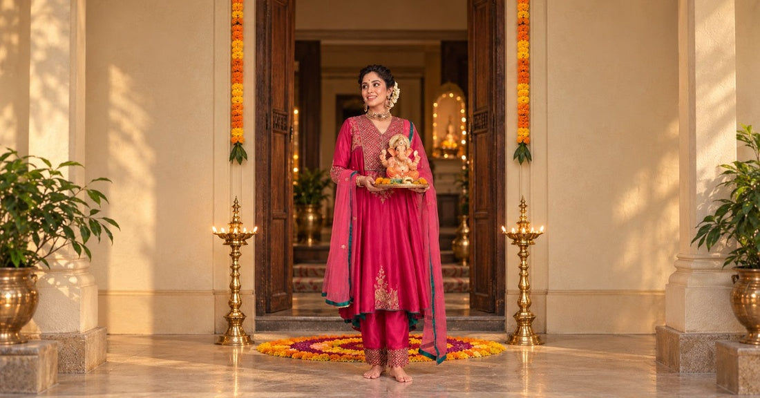Woman wearing pink ethnic suit holding Lord Ganesha idol during Ganesh Chaturthi celebration
