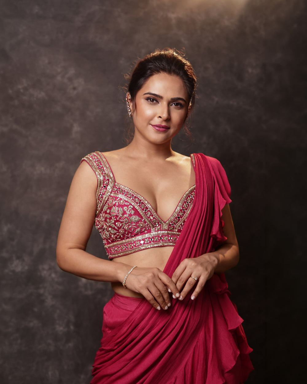 Celebrity Madhurima Tuli wearing a luxury handcrafted designer ethnic outfit by Creole