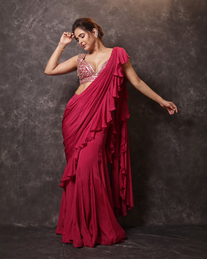 Madhurima Tuli In Flamingo Pink Pre-draped Chiffon Saree