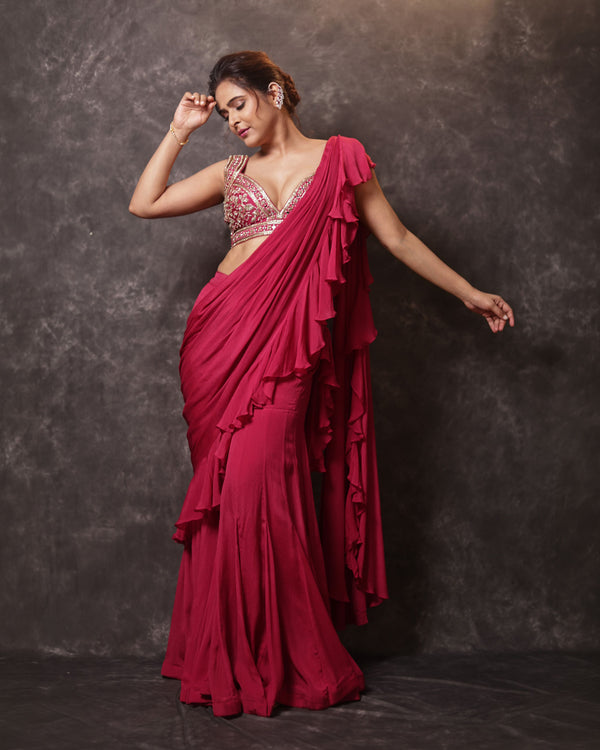 Madhurima Tuli In Flamingo Pink Pre-draped Chiffon Saree