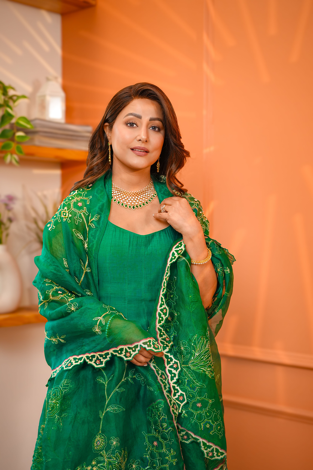Hina khan In Forest Green Chanderi Anarkali Set