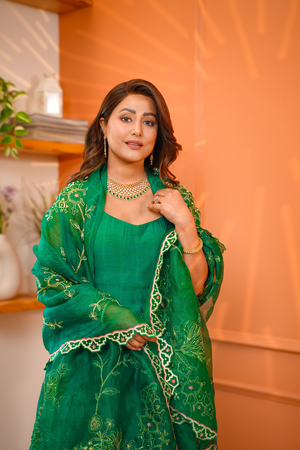 Hina khan In Forest Green Malai Chanderi Anarkali Set
