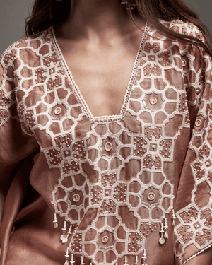 Ivory Peach Chanderi Silk Kaftan Set