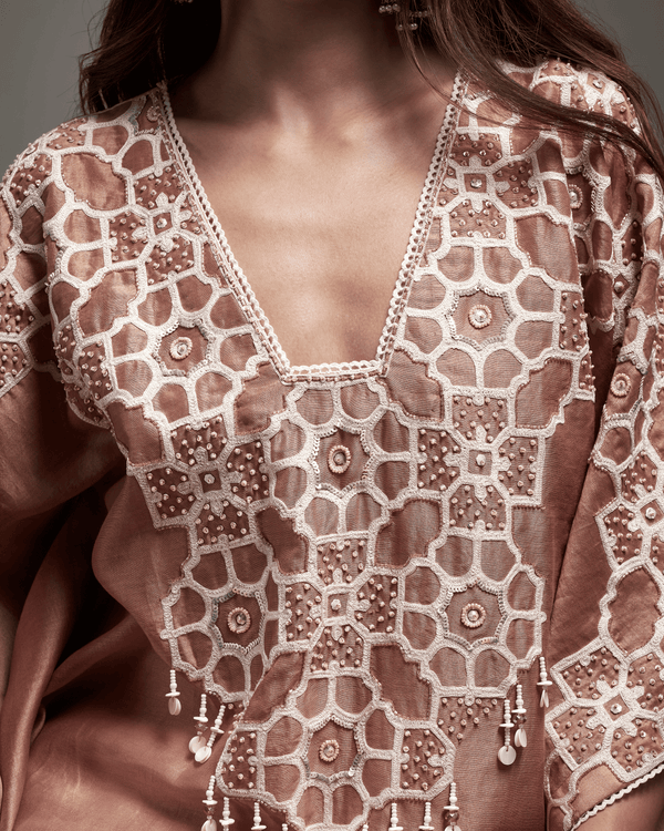Ivory Peach Chanderi Silk Kaftan Set