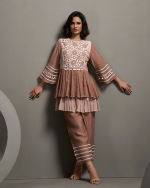 Apricot Nude Malai Chanderi Peplum Set