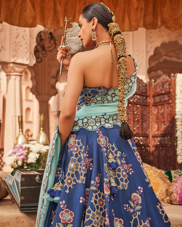 Vintage Navy Blue Raw Silk Lehenga Set