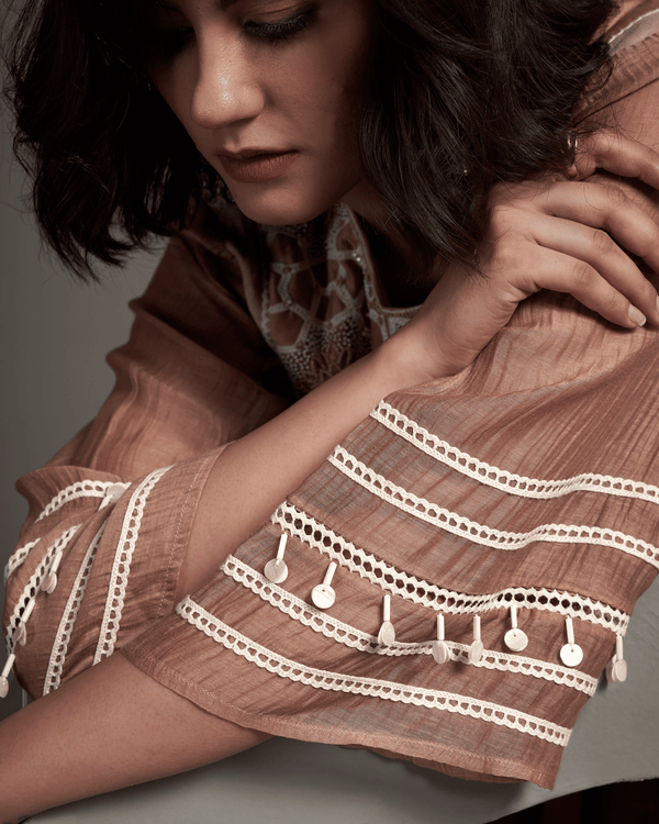 Apricot Nude Malai Chanderi Peplum Set