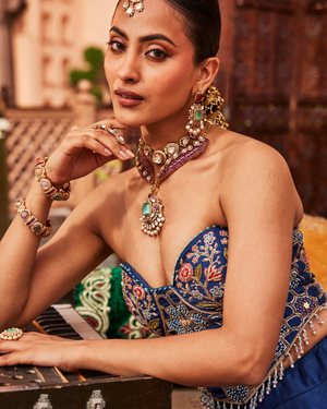 Vintage Navy Blue Raw Silk Lehenga Set
