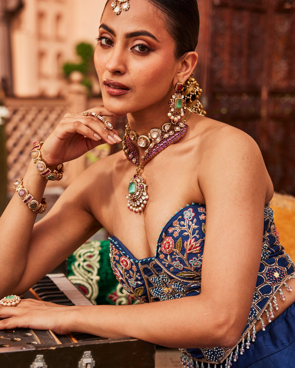 Vintage Navy Blue Raw Silk Lehenga Set