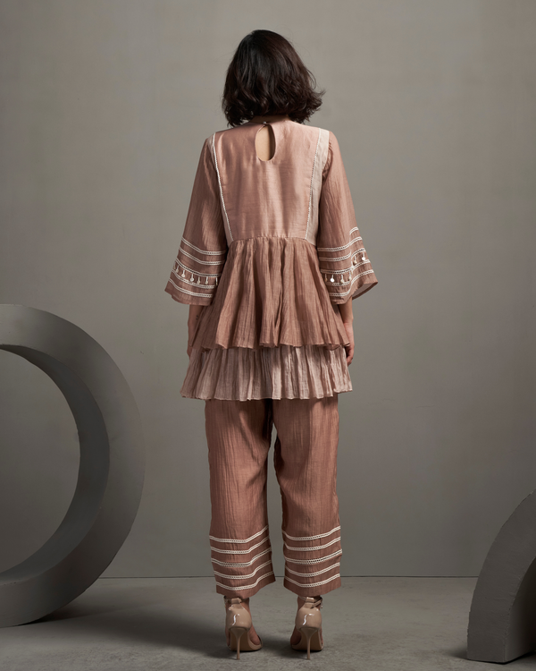 Apricot Nude Malai Chanderi Peplum Set