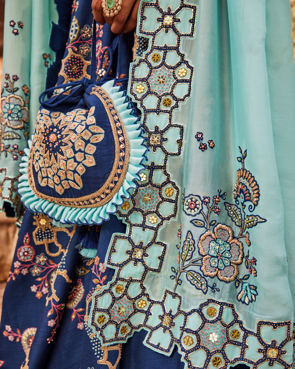 Vintage Navy Blue Raw Silk Lehenga Set