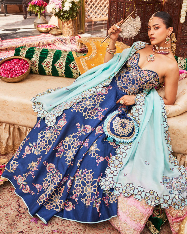 Vintage Navy Blue Raw Silk Lehenga Set