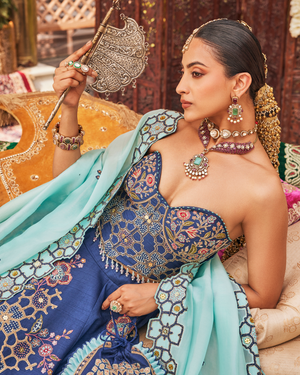 Vintage Navy Blue Raw Silk Lehenga Set