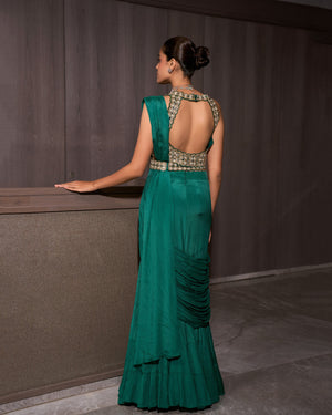 Teal Pre-draped Chiffon Saree