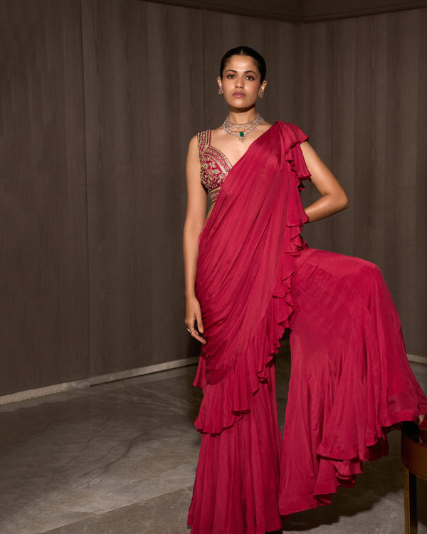 Flamingo Pink Pre-draped Chiffon Saree