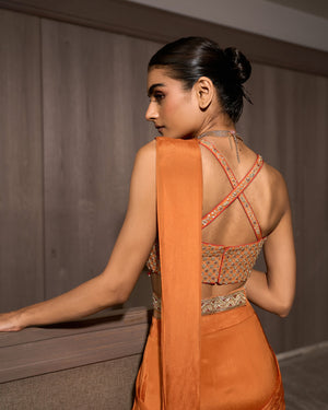Copper Orange Pre-draped Chiffon Saree