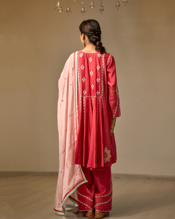 Ruby Red Embroidered Chanderi Suit Set