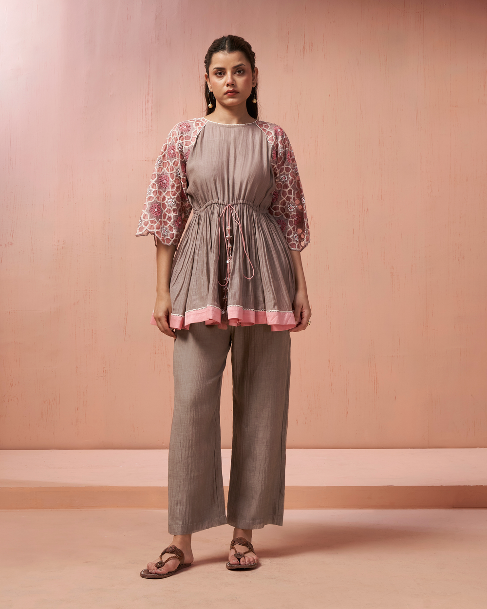 Slate Grey Organza Silk Peplum Set