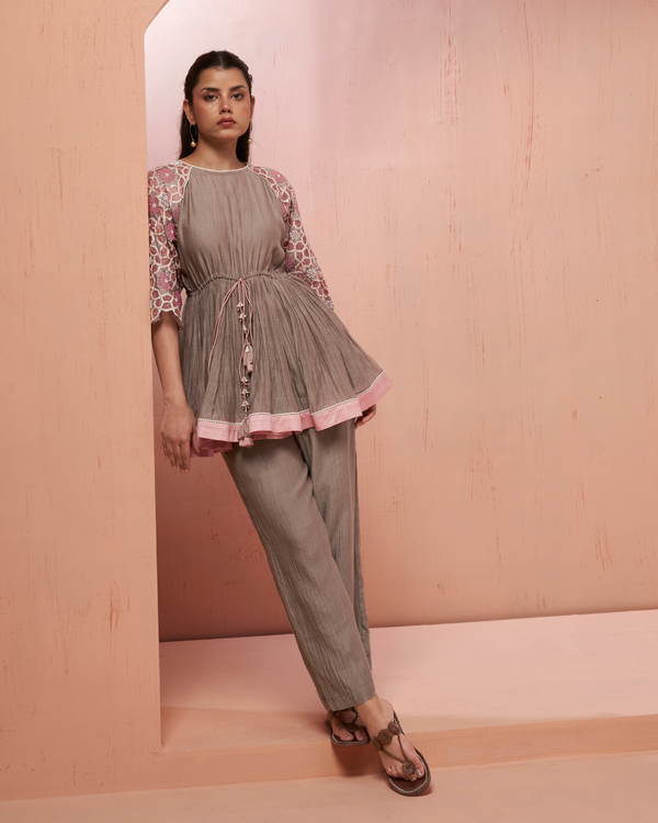 Slate Grey Organza Silk Peplum Set