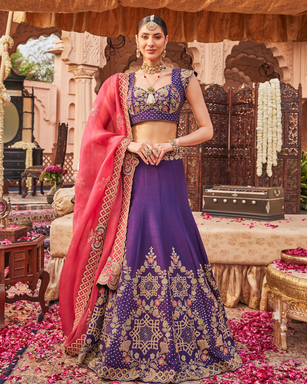 Royal Purple Raw Silk Lehenga Set