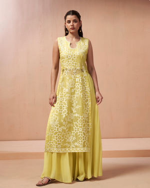 Lime Glow Organza Silk Palazzo Set