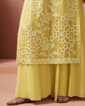 Lime Glow Organza Silk Palazzo Set