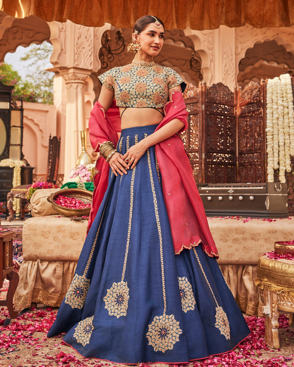 Jade Blue Raw Silk Lehenga Set