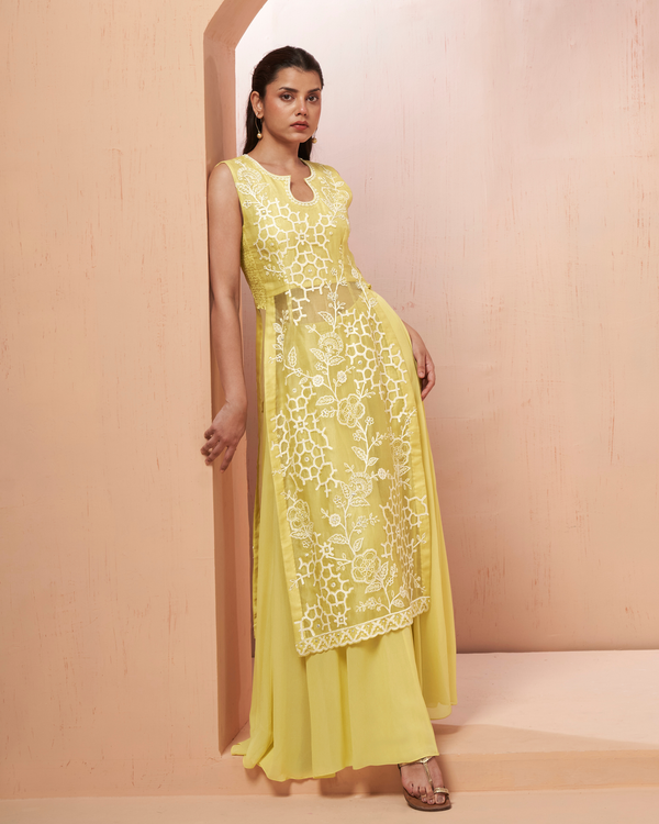 Lime Glow Organza Silk Palazzo Set