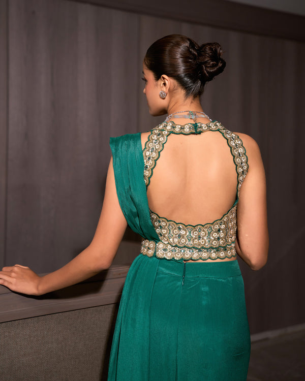 Teal Pre-draped Chiffon Saree