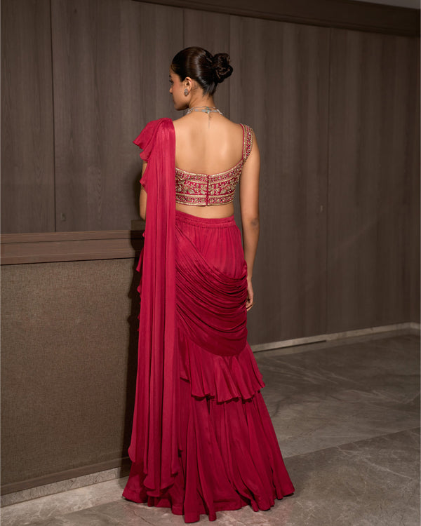 Flamingo Pink Pre-draped Chiffon Saree