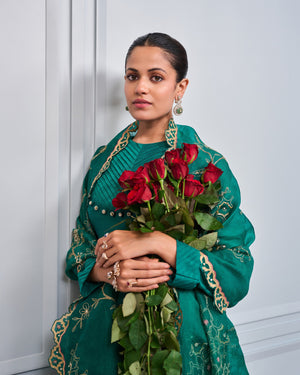 Emerald Pleated Malai Chanderi Anarkali Set