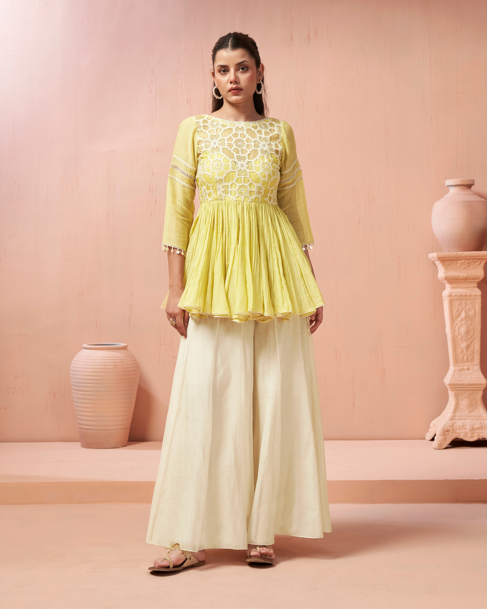 Lime Ivory Organza Silk Palazzo Set