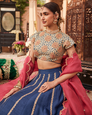 Jade Blue Raw Silk Lehenga Set