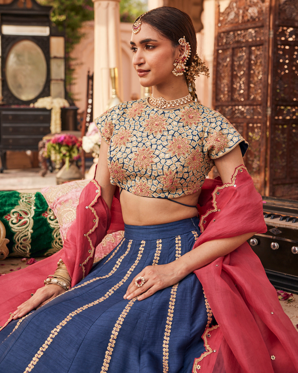 Jade Blue Raw Silk Lehenga Set