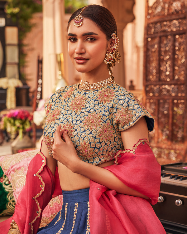 Jade Blue Raw Silk Lehenga Set