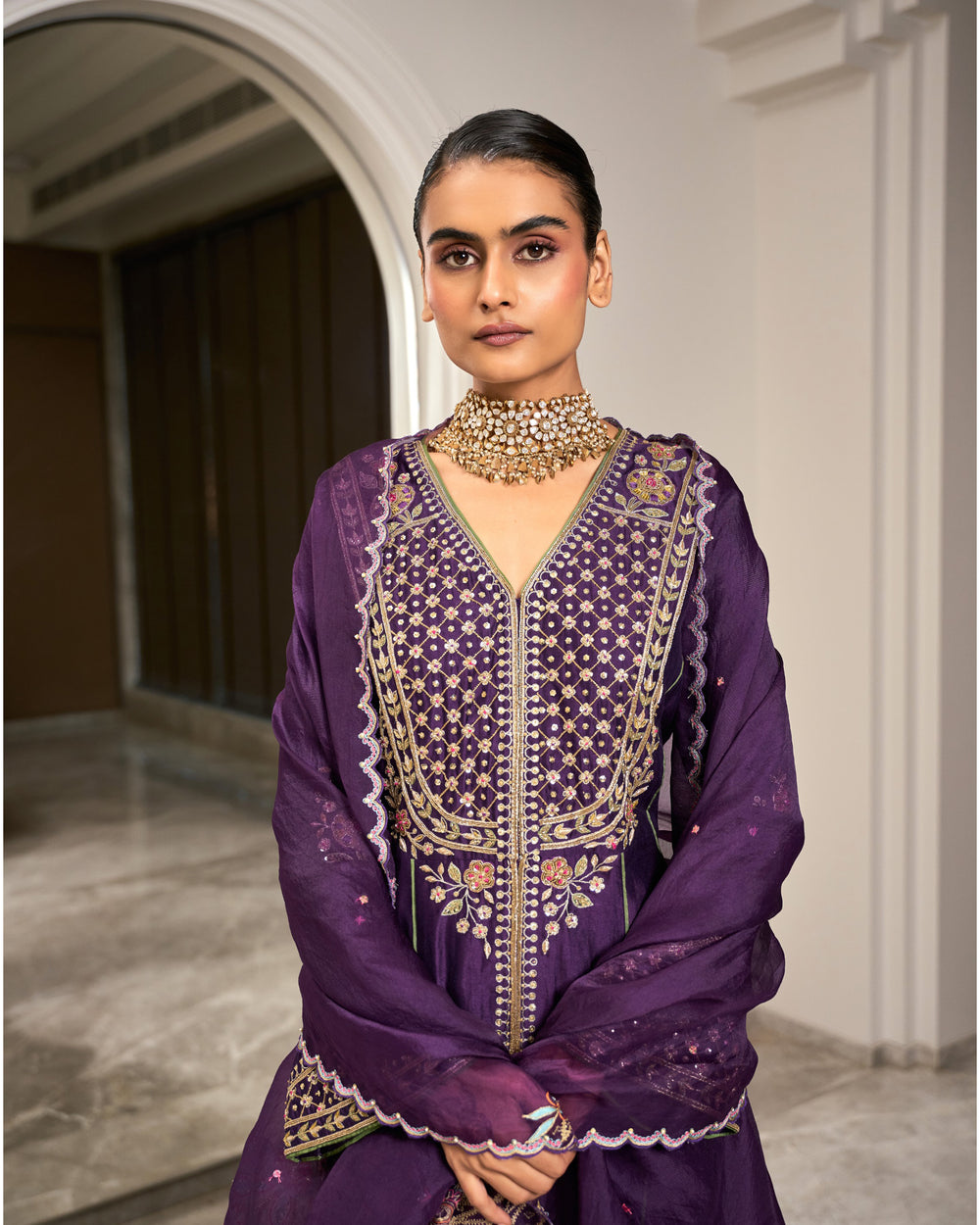 Plum Bell Sleeve Heavywork Kurta Set