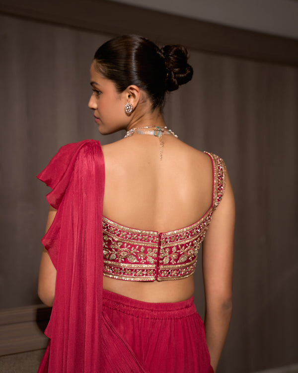 Flamingo Pink Pre-draped Chiffon Saree