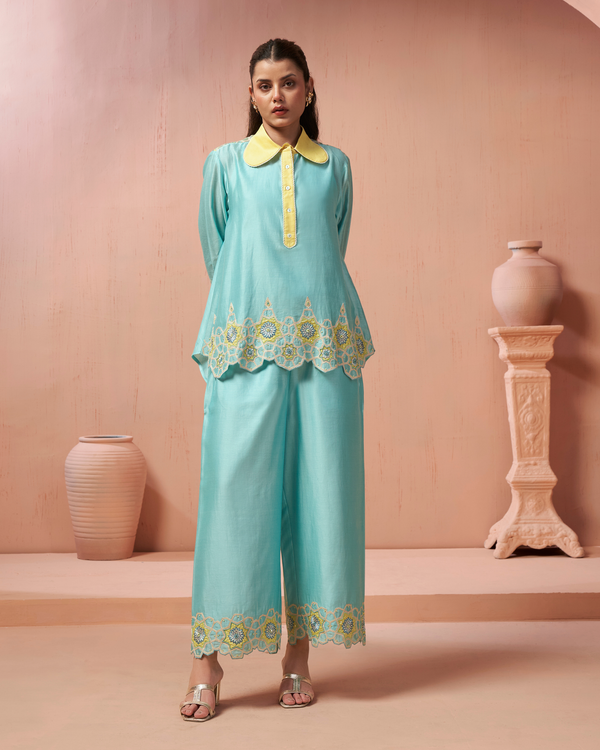 Aqua Thread Chanderi Silk Shirt Co-ord Set
