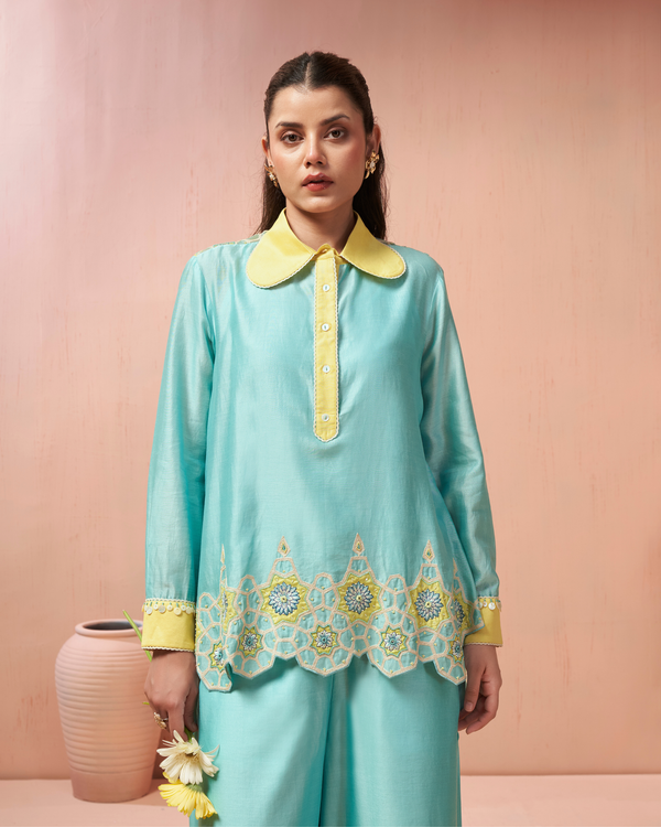Aqua Thread Chanderi Silk Shirt Co-ord Set