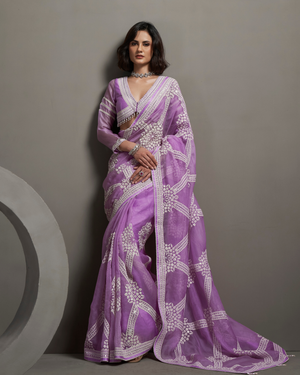 Lilac Sequin Organza Silk Saree