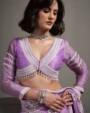 Lilac Sequin Organza Silk Saree