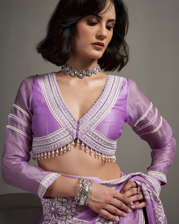 Lilac Sequin Organza Silk Saree