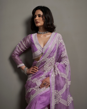 Lilac Sequin Organza Silk Saree