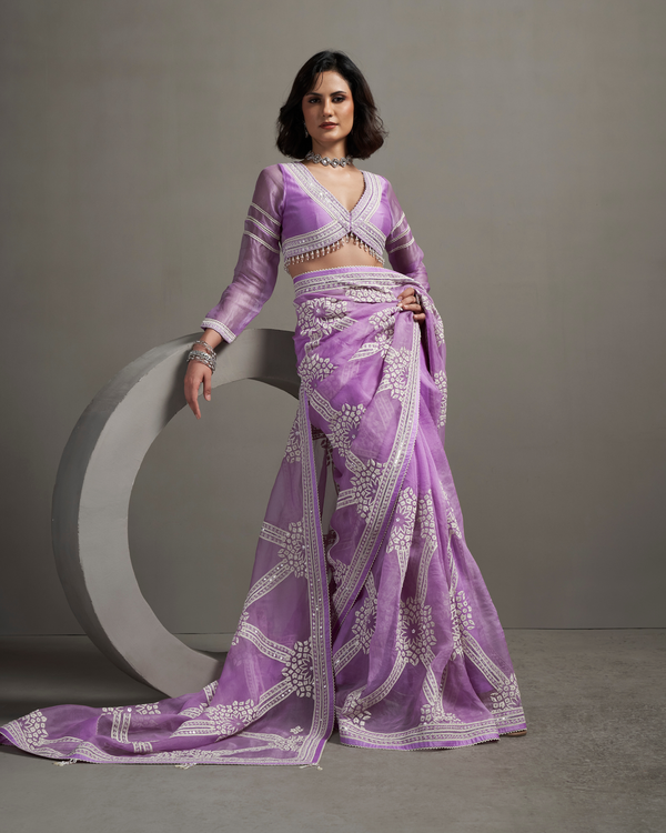 Lilac Sequin Organza Silk Saree