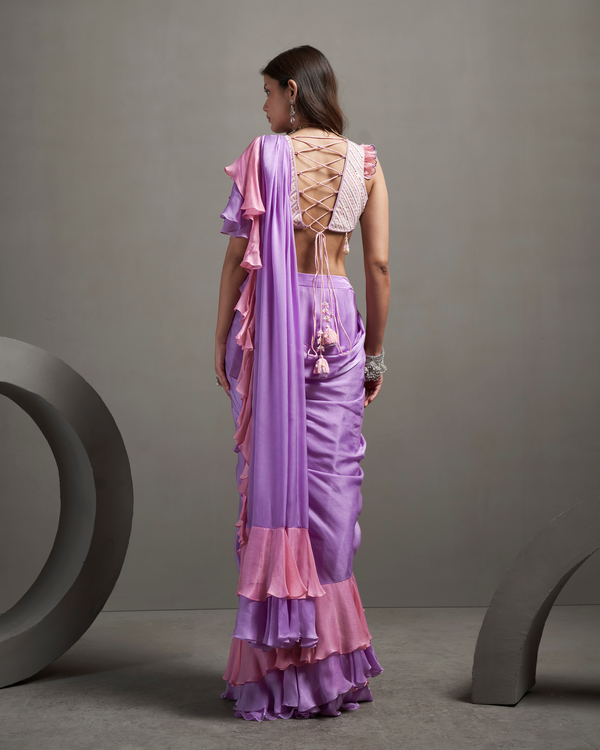 Soft Lilac Satin Chiffon Drape Saree