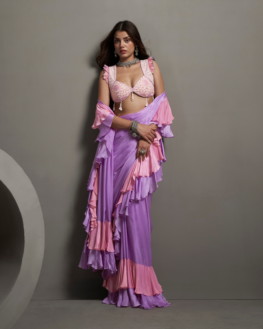 Soft Lilac Satin Chiffon Drape Saree