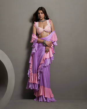 Soft Lilac Satin Chiffon Drape Saree
