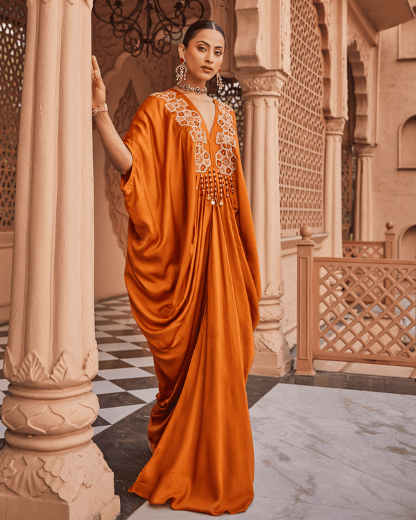 Priyanka Raina In Rustic Gold Satin Silk Kaftan