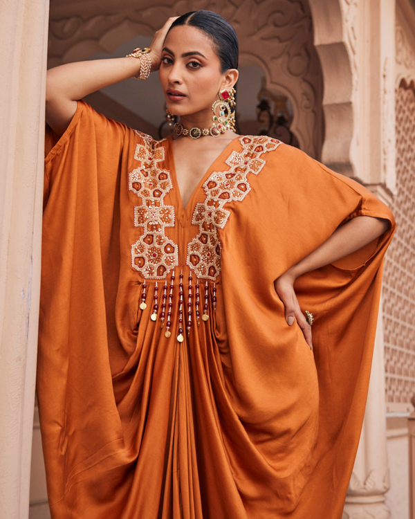 Priyanka Raina In Rustic Gold Satin Silk Kaftan